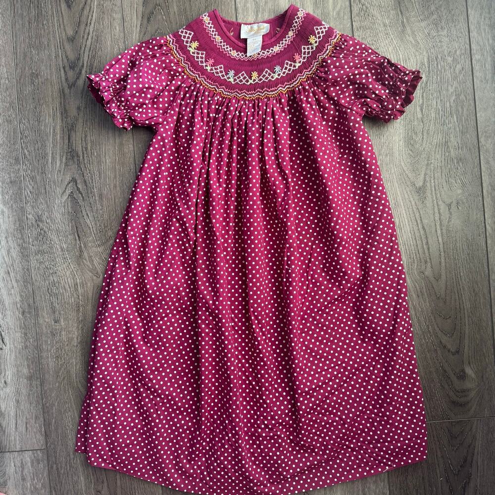 Rosalina Collections Girls Pink Polka Dot Smocked Bishop Dress Embroidered 5Y